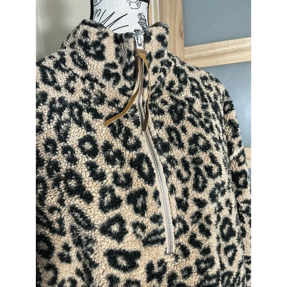 Maurices XL Sherpa Leopard 1/4 Zip Pullover Top Pockets Soft Black Tan